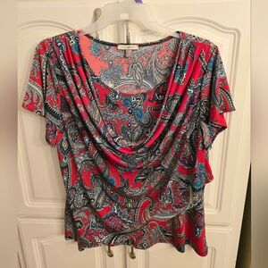 Roz & Ali Red and Blue Paisley Cowl Neck Blouse